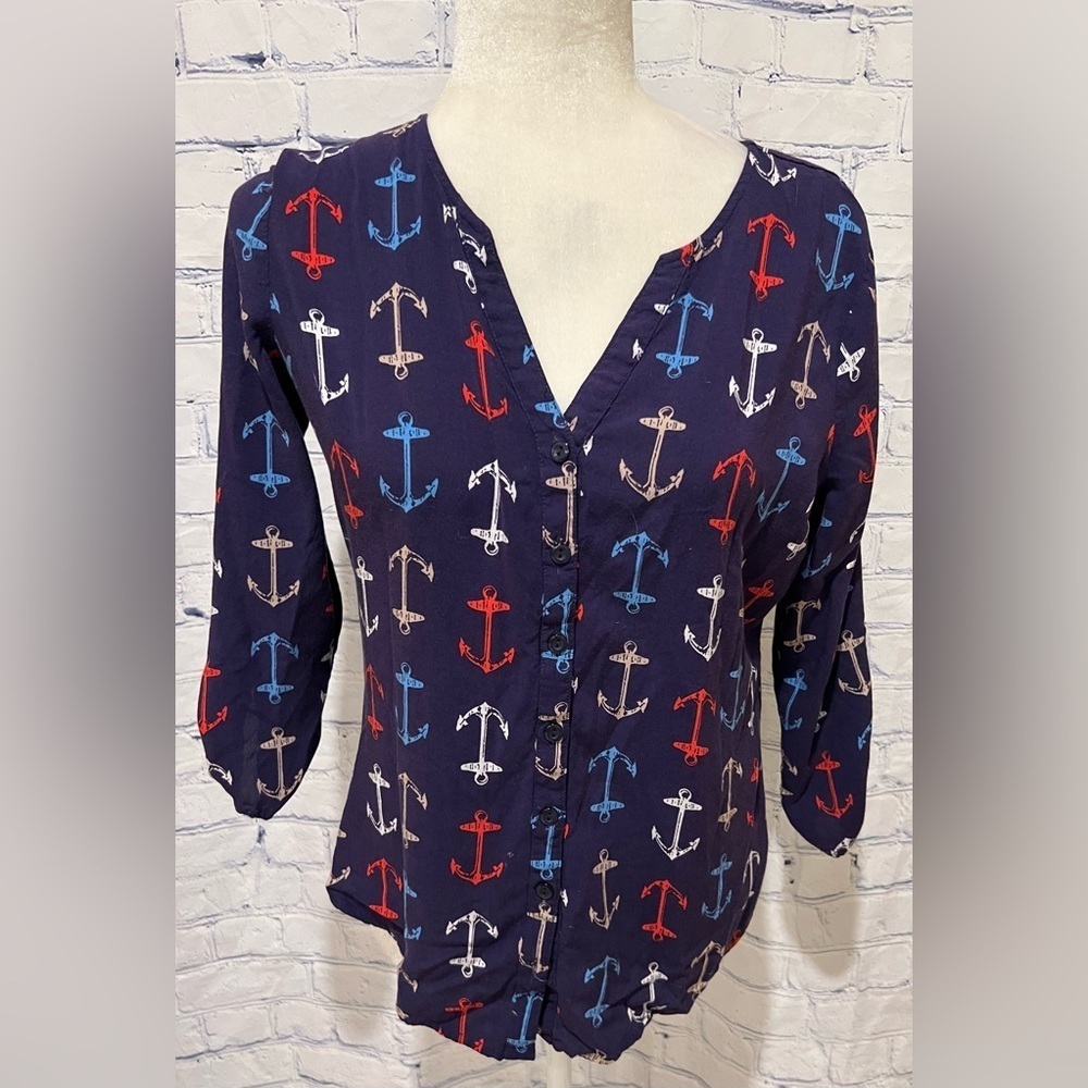 Kiwi Fresh Navy Blue Anchor Pattern Women's Size M Blouse Nautical Rayon